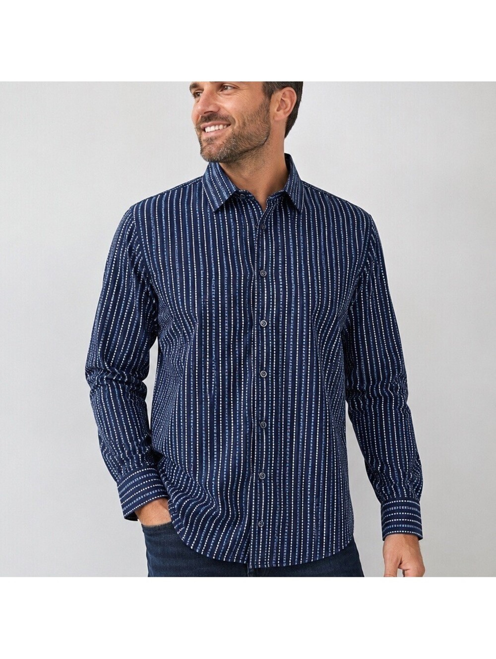 Robert Graham Blue Geometric Pattern Multicolor Embroidered Striped Men’s Large
